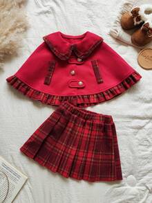 Vintaside Kids 2 件套女婴秋冬新款 2025 红色斗篷拼布格子娃娃领下摆格子荷叶边门襟纽扣肩带小众设计上衣和褶皱红色格子迷你裙，学院风可爱时尚套装 - 紅色 - 查看 3