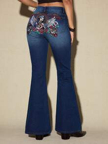ROMWE Avant 女士复古亚文化圣母玛利亚骷髅翅膀老虎刺绣修身低腰喇叭牛仔裤 - 藍色 - 查看 1