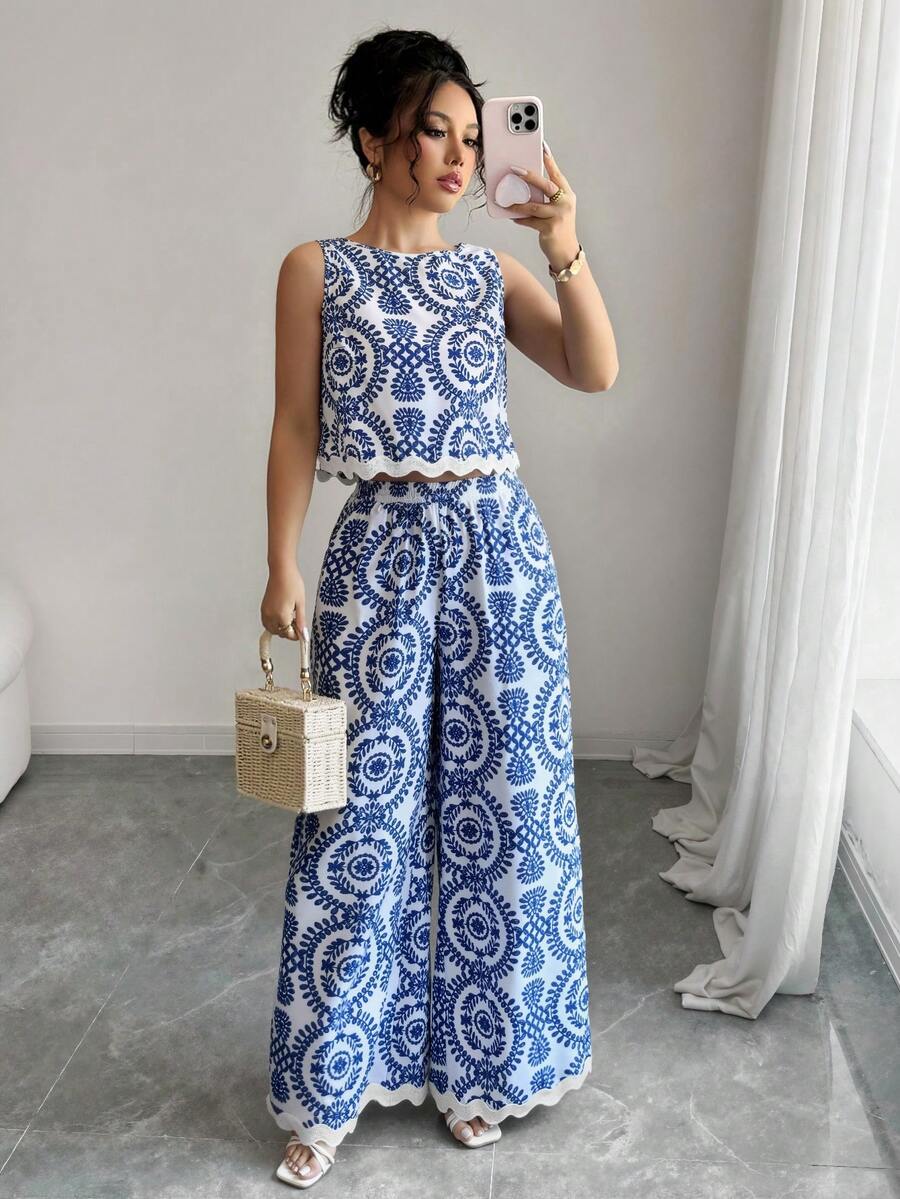 Breezaya 2 件套女士植物图案圆领无袖上衣和裤子