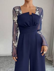 Elenzga Elegancki kombinezon damski z szerokimi nogawkami i plisowaną siateczką z kwiatowym haftem