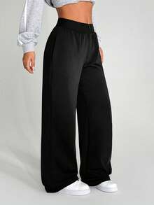 Dewbera 纯色松紧腰直筒宽松休闲百搭健身运动裤 - 黑色 - 查看 4