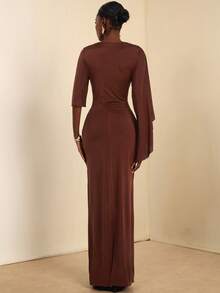 Lyxana Women's Asymmetric Sleeve Cinched Waist Metal Buckle Decor Elegant Long Dress - Brown - View 2