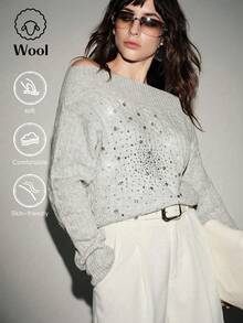 Lumivelle Women's Sexy Off-Shoulder Rhinestone Pullover Sweater, Elegant Knit Top - Grey - View 7