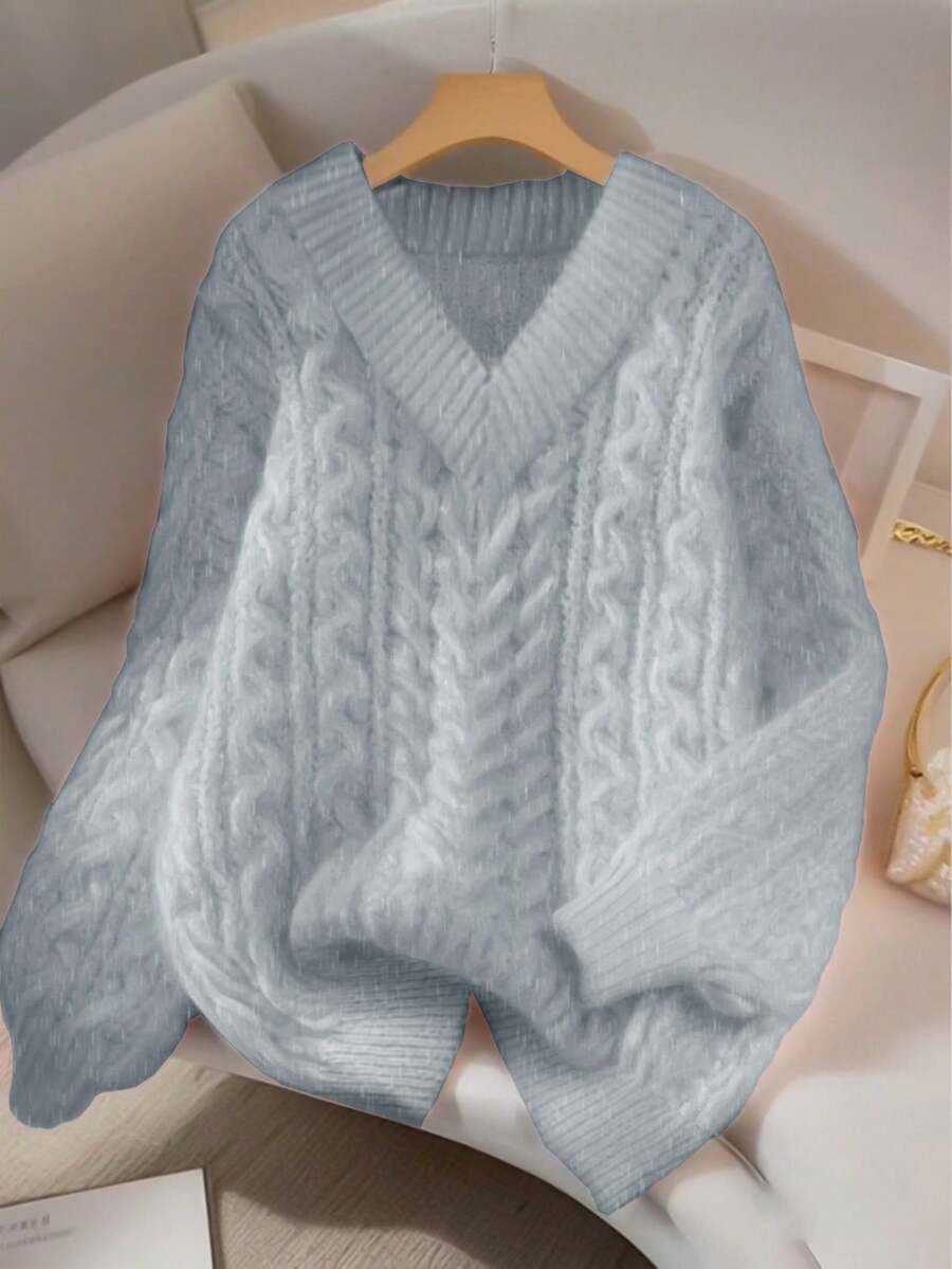 Franclia Sweater Pullover Rajut Tebal Leher V dengan Desain Longgar, Lembut, dan Manis Warna Pink Baru untuk Wanita, Serbaguna untuk Musim Gugur/Dingin - Light Grey - View 1