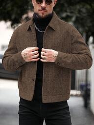 Manfinity CasualCool معطف طويل الأكمام أحادي اللون بتصميم بسيط للاستخدام اليومي للرجال