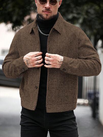 Manfinity CasualCool Men's Solid Color Minimalist Everyday Long Sleeve Overcoat Brown Sweater Men Brown Jacket Men