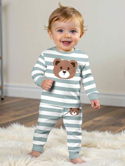 SHEIN 男婴休闲简约经典酷条纹熊图案印花修身圆领舒适长袖长裤睡衣，适合秋冬季