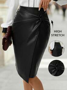 Editum Women's Black PU Knotted Knee-Length Pencil Winter Skirt, Versatile New Year Thanksgiving Party Elegant Luxury - Black - View 2