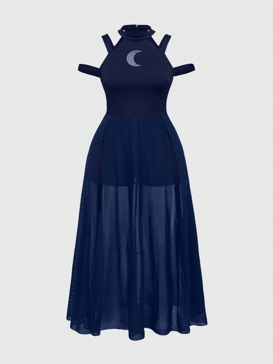 ROMWE Summer Outfits Plus Size Women Gothic Hollow Moon Mesh Patchwork Off Shoulder Dress - Blue - View 1
