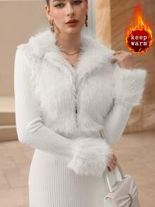 Modelyn 米色二合一皮革拼接长袖收腰修身连衣裙，女士冬季款 - 米色 - 查看 3