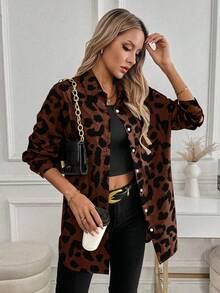 SHEIN LUNE Áo sơ mi nữ tay dài hở vai họa tiết da báo dáng rộng thoải mái, áo sơ mi nữ mùa xuân và mùa hè - Nhiều màu - Xem 4