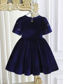 Elladie kids 年轻女孩勃艮第天鹅绒泡泡短袖A字连衣裙，珍珠花装饰，珍珠圆领水滴扣，复古宫廷风格，优雅大方，适合圣诞派对，春秋季 - 藍色 - 查看 2