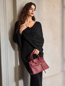 Đầm midi dài tay cổ chữ V thanh lịch cho nữ, màu trơn - màu đen - Xem 6