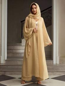 ZEYLAH New Vintage Loose Mid-Length V-Neck Embroidered Trim Long Sleeve Halter Cinched Waist Dress, SlimmingTwo Piecese Set For Women - Gold - View 4