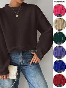 EMERY ROSE Damski sweter w jednolitym kolorze, prosty, swobodny, z okrągłym dekoltem i długim rękawem, biały