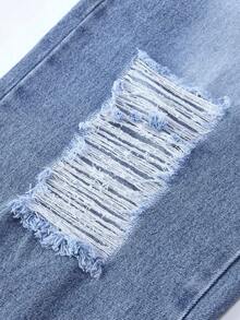 SHEIN Explorewe Quần jeans denim rách ống đứng, dáng rộng, giặt cơ bản cho bé gái tuổi teen + Quần denim rách màu xanh nhạt, cạp chun cơ bản, phù hợp với mọi mùa, chất liệu vải thoải mái - Rửa nhẹ - Xem 4