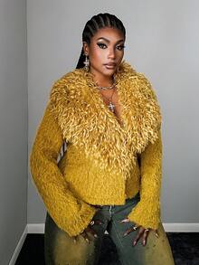 Maweii Vintage Knit Collar Plus Size Jacket, Christmas Red Party - Yellow - View 7