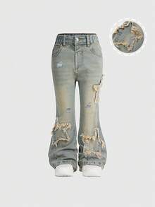 年轻女孩做旧浅色水洗牛仔裤，星星刺绣，松紧腰带，紧身喇叭裤腿 - 中等水洗藍 - 查看 3