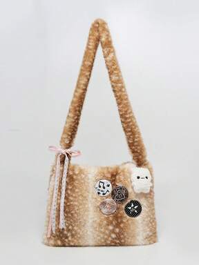 Kawaii Women's Leopard And Deer Print Y2K Retro Fashion Artificial Fur Long Hair Open Top Large Capacity Thickened Autumn/Winter Shoulder Crossbody Crescent Bag