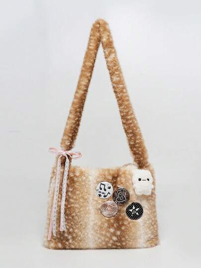 Kawaii Women's Leopard And Deer Print Y2K Retro Fashion Artificial Fur Long Hair Open Top Large Capacity Thickened Autumn/Winter Shoulder Crossbody Crescent Bag