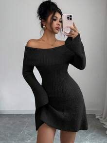 Elenzga Soft & Comfortable Off Shoulder Flare Sleeve Khaki Circular Gauze Texture Casual Elegant Fashion Mini Sweater Dress, Suitable For Multiple Occasions - Black - View 1
