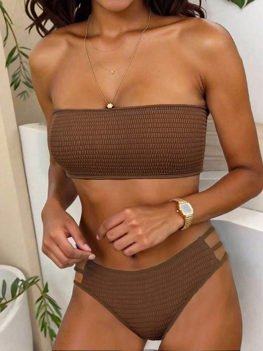 SHEIN Swim 2026 Spring/Summer Women's Brown Backless Sexy Vacation Side High Cut Bikini Swimsuit 2 Pieces Set - Coffee Brown - View 1