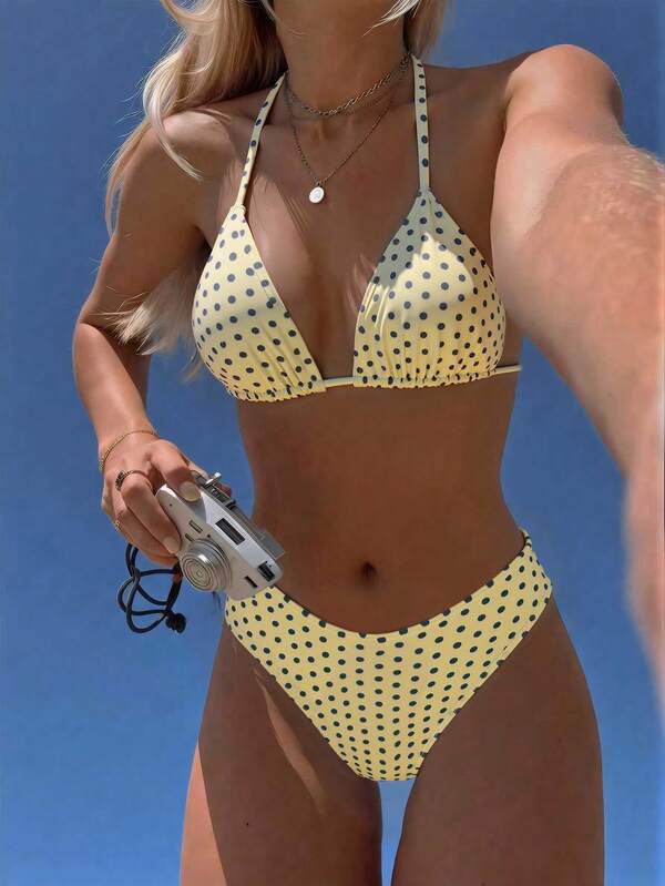 Swim Mod 2026 Spring/Summer Women's Spaghetti Strap Halter Neck Yellow Base Gray Polka Dot Random Print Sweet Cute Side High Cut Swim Shorts 2-Piece Bikini Swimsuit