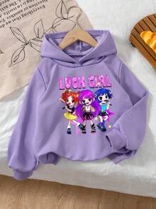 Young Girl Cartoon Cute K-POP Girl & Letter Print Purple Hooded Sweatshirt, Suitable For Autumn/Winter - Purple - View 4