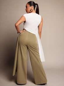 Vixey Áo thun xếp ly tay bất đối xứng lưới màu nâu trơn có dây thắt lưng - trắng - Xem 4