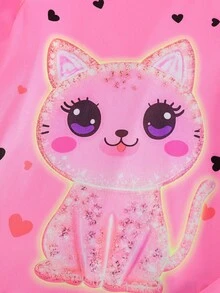 2件套女童夜光猫咪爱心格子印花长袖上衣和格子裤修身家居服套装 - 粉色 - 查看 3