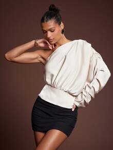 Hauture Women's Sexy Office Off Shoulder Pleated Satin Elegant Blouse Top - Apricot - View 4