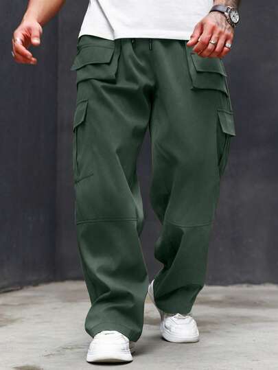 Manfinity LEGND 男士加大码纯色抽绳工装裤，带口袋，休闲风格，黑色工装裤，黑色工装裤，男士黑色工装裤，宽松工装裤，男士工装裤