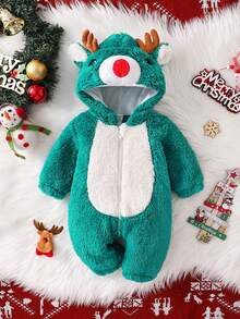 SHEIN Perso Play Niedlicher Weihnachts-Hirsch-förmiger Outfit für Neugeborene, Plüsch-Hirschgeweih-Dekor Langarm-Jumpsuit - Grün - Übersicht 2