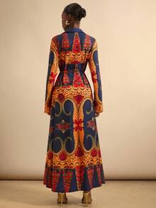 Vesra Vintage Style Contrast Color Floral Print Long Sleeve Dress - Multicolor - View 2