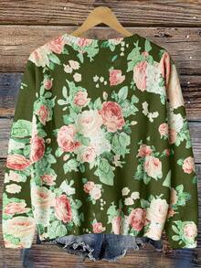 SHEIN Privé 大码女式休闲碎花纽扣开衫 - 軍綠色 - 查看 2
