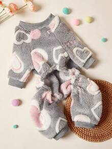 PETSIN 1件装宠物猫狗通用灰色爱心图案印花可爱时尚秋冬毛绒保暖舒适圆领狗狗连体衣 - 灰色 - 查看 5