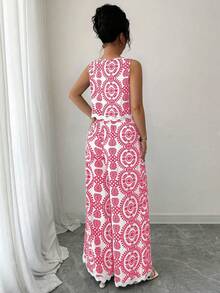 Chiquease 女士时尚印花撞色背心和裤子两件套 - 粉色 - 查看 2