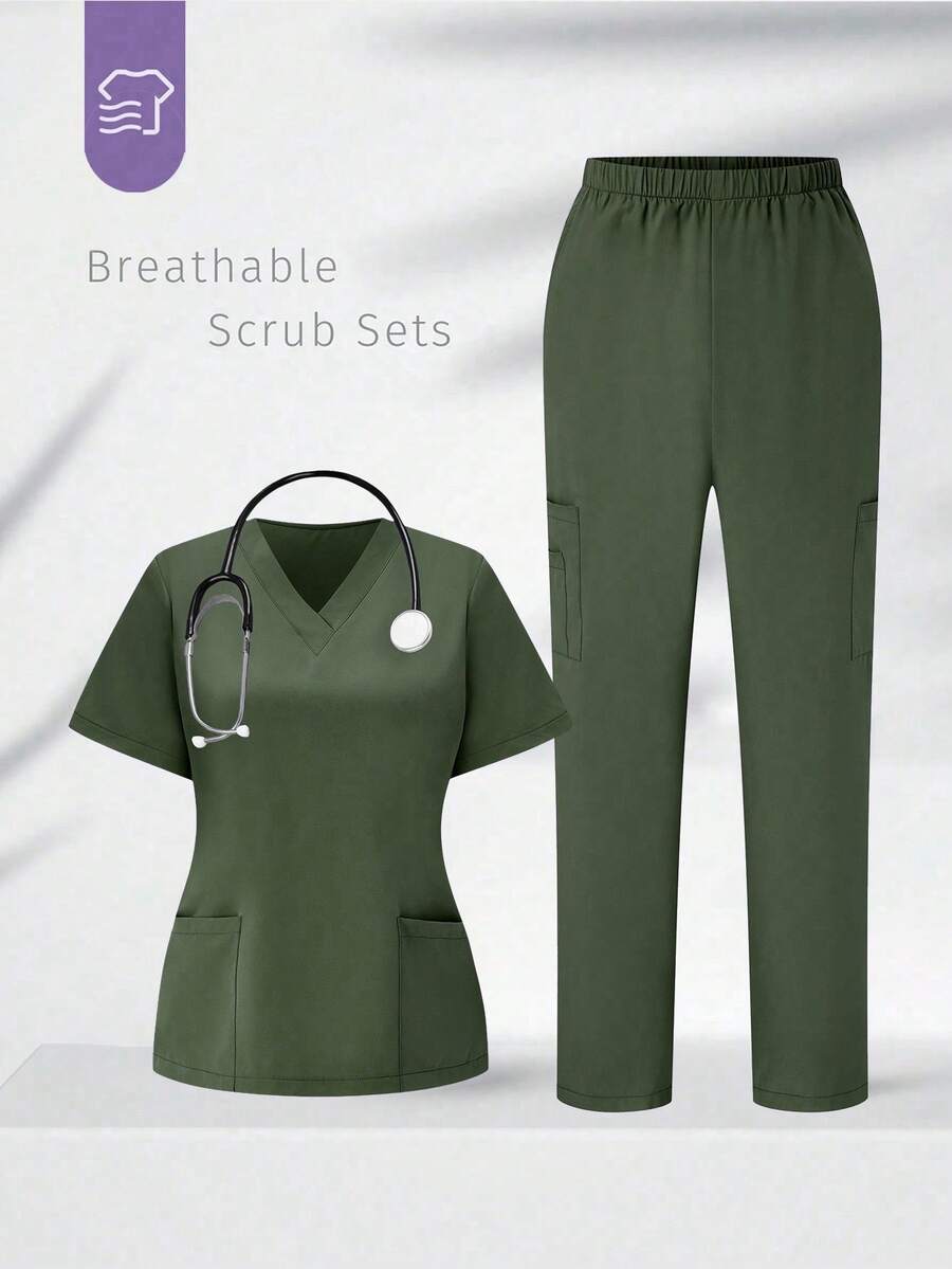 TaskEZ Scrubs Set: V-Neck Short Sleeve Top & Pants Scrub Uniform For Healthcare Workers - Army Green - View 1