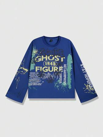 Street Life Camiseta casual de manga larga de corte holgado con estampado de eslogan para hombre