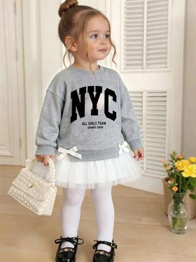 Baby Girl Unisex Infant Toddler 6M-3Y Casual Elegant Sweatshirt Dress, Mesh Hem Design, Comfortable Crew Neck Long Sleeve Sweatshirt Tulle Dress, Suitable For Autumn/Winter/Spring, Lightweight & Comfortable, Fashionable Casual Wear, Back To School, Outdoor Picnic, Street Photography, Holidays, Gift Baby Girl Clothes With Bow For Fall