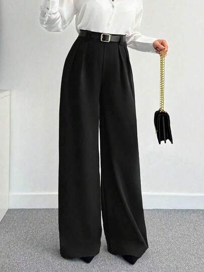 SHEIN Tall CURVE 大码女式纯色褶皱休闲百搭阔腿裤，适合日常穿着