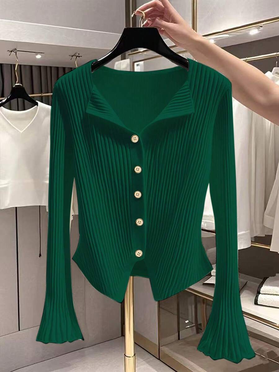 GlowEve Women's Solid Color Round Neck Long Sleeve Single-Breasted Casual Ribbed T-Shirt - Dark Green - View 1