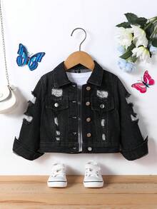 年轻女孩 Y2K 休闲翻领破洞水洗蓝色牛仔夹克，合身 - 黑色 - 查看 5