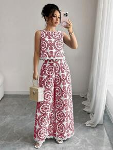 Chiquease 2 件套女士植物印花圆领无袖上衣和阔腿裤套装，度假装