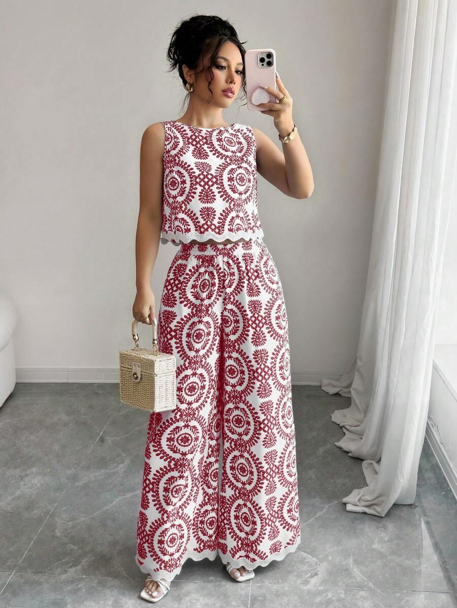 Chiquease 2 件套女士植物印花圆领无袖上衣和阔腿裤套装，度假装