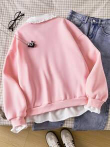 Teen Girls Pink Long Sleeve Sweatshirt,Peter Pan Collar 2 In 1 Design,Y2k Fashionable Casual Versatile For Autumn,Holiday,Back-To-School - Pink - View 2
