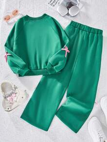SHEIN Tween Girls 2pcs/Set Round Neck Sweatshirt Set,Green And Pink,Autumn,Cute,School,Back-To-School Long Sleeve Ribbed Knit Pants With Side Ribbon Bow - Green - View 9