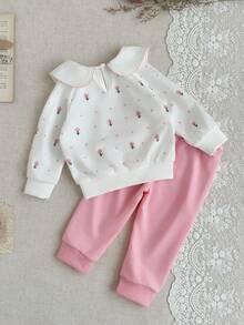 SHEIN 2baby Girl Winter & Autumn Clothing Back To School Season 3M-3Y White Casual Floral Print Collar Long Sleeve Top Button Front Elastic Waist Pink Comfortable & Soft Fashionable Daily Wear Suitable For Winter & Autumn Outdoor Wear Ideal As A Gift Daily Outfit - Multicolor - View 2