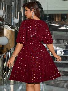SHEIN Clasi Plus Size Women Laser Sequin Waist Flattering Elegant Light Cocktail Dress - Burgundy - View 2