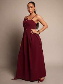 Vixey 吊带金色纽扣褶裥超宽腿连体裤 - 酒紅色 - 查看 3